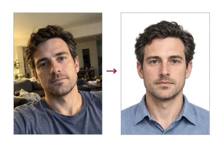 Before: a tilted snapshot in a messy room. After: the same person centred on a white background.
