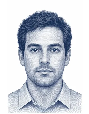 Sample passport photo: engraved portrait of a fictional person, head centred on a white background